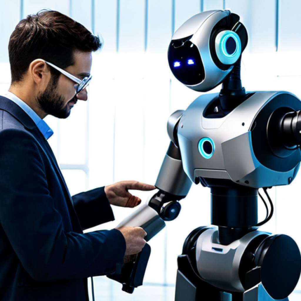 A professional male engineer, wearing a modest work uniform and safety glasses, standing next to a sleek, modern collaborative robot (cobot) on a brightly lit, clean factory floor. The cobot is gently assisting with a precision assembly task, showcasing seamless human-machine partnership. Subtle digital data streams and IoT sensors are visible on machinery in the background, implying connectivity. Professional photography, high quality, fully clothed, appropriate attire, safe for work, appropriate content, perfect anatomy, correct proportions, well-formed hands, proper finger count, natural body proportions.