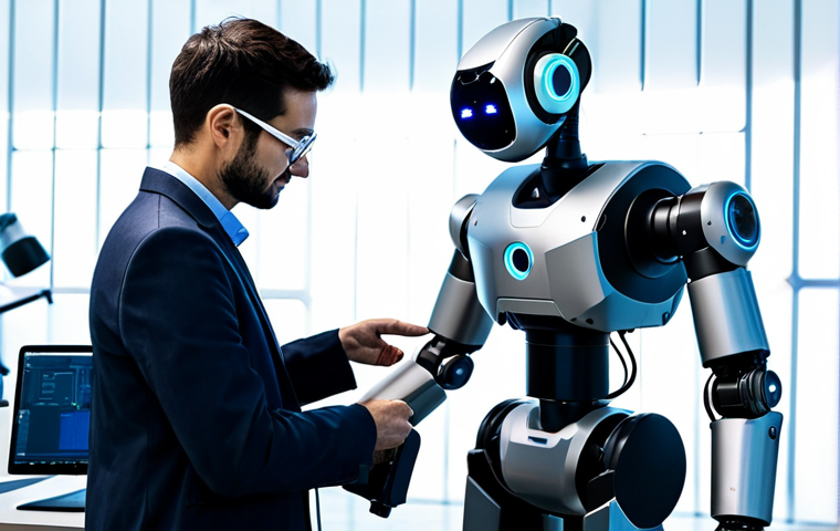 A professional male engineer, wearing a modest work uniform and safety glasses, standing next to a sleek, modern collaborative robot (cobot) on a brightly lit, clean factory floor. The cobot is gently assisting with a precision assembly task, showcasing seamless human-machine partnership. Subtle digital data streams and IoT sensors are visible on machinery in the background, implying connectivity. Professional photography, high quality, fully clothed, appropriate attire, safe for work, appropriate content, perfect anatomy, correct proportions, well-formed hands, proper finger count, natural body proportions.