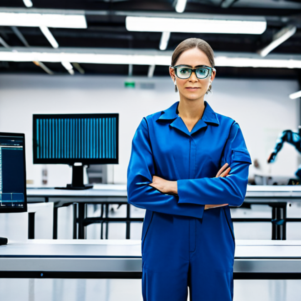 A professional female engineer in a modest, protective jumpsuit and safety glasses, standing confidently on a clean, brightly lit modern factory floor. Advanced robotic arms are visible working seamlessly in the background, alongside transparent data screens displaying real-time production metrics and AI-driven insights. The atmosphere is innovative and highly efficient. fully clothed, appropriate attire, safe for work, perfect anatomy, correct proportions, natural pose, well-formed hands, proper finger count, natural body proportions, professional photography, high quality, family-friendly.