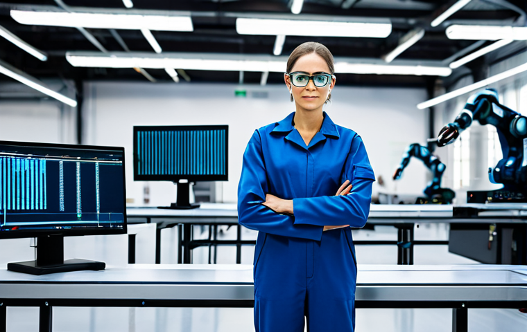 A professional female engineer in a modest, protective jumpsuit and safety glasses, standing confidently on a clean, brightly lit modern factory floor. Advanced robotic arms are visible working seamlessly in the background, alongside transparent data screens displaying real-time production metrics and AI-driven insights. The atmosphere is innovative and highly efficient. fully clothed, appropriate attire, safe for work, perfect anatomy, correct proportions, natural pose, well-formed hands, proper finger count, natural body proportions, professional photography, high quality, family-friendly.