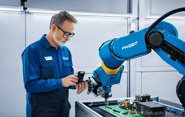 산업용 로봇과 AI의 융합 - **Prompt:** A highly advanced industrial robotic arm, featuring a sleek metallic design with glowing...