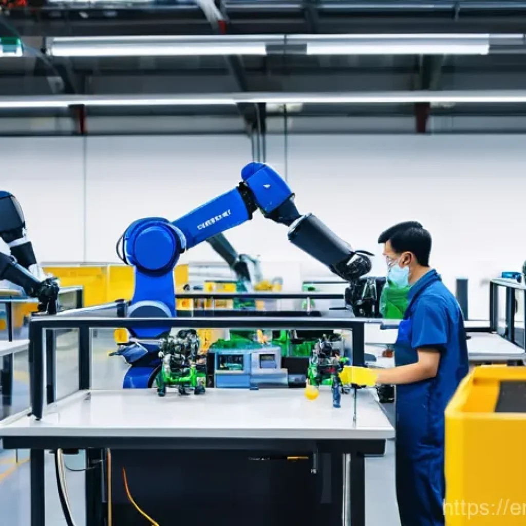 자동화 설비 설계 실무 - **Prompt:** "A vibrant, modern factory floor bathed in bright, diffused natural light. In the foregr...