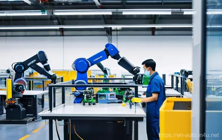 자동화 설비 설계 실무 - **Prompt:** "A vibrant, modern factory floor bathed in bright, diffused natural light. In the foregr...