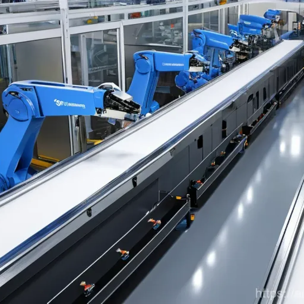 공장자동화 장비의 투자 수익률 - A hyper-realistic, high-angle shot of a fully automated, gleaming white and gray factory floor. Robo...