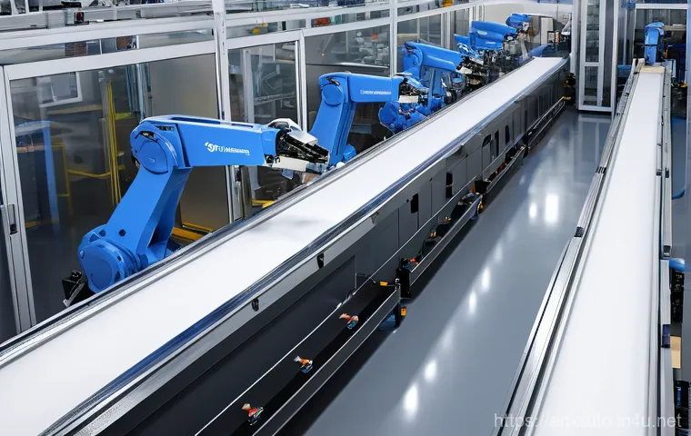 공장자동화 장비의 투자 수익률 - A hyper-realistic, high-angle shot of a fully automated, gleaming white and gray factory floor. Robo...