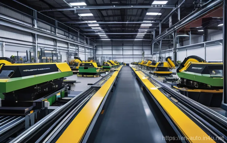 공장자동화 장비의 투자 수익률 - A hyper-realistic, high-angle shot of a fully automated, gleaming white and gray factory floor. Robo...