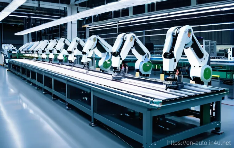 산업용 로봇의 경제적 이점 - **Prompt 1: Automated Precision Assembly in a Modern Factory**
    "A wide-angle shot of a brilliant...