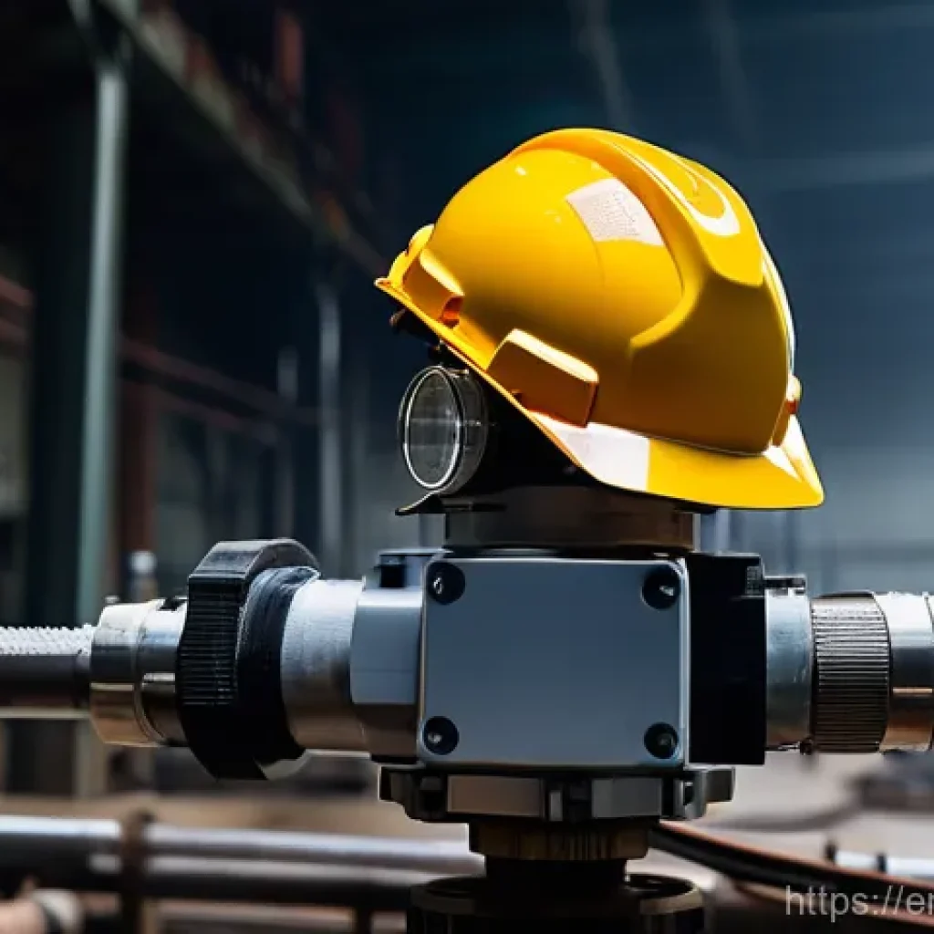 산업용 센서 선택과 설치 - **Prompt:** A high-angle, cinematic shot of a rugged, industrial temperature sensor, perhaps a stain...