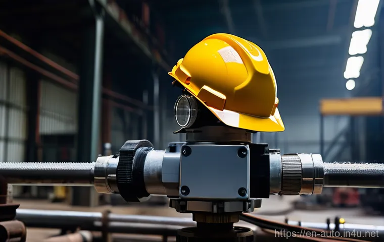 산업용 센서 선택과 설치 - **Prompt:** A high-angle, cinematic shot of a rugged, industrial temperature sensor, perhaps a stain...