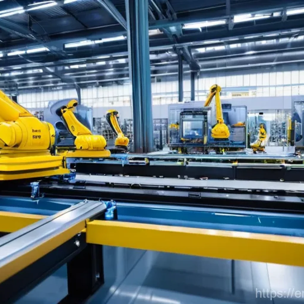 공장자동화 엔지니어 이직 준비 - **Prompt:** A wide-angle, highly detailed shot of a state-of-the-art automated factory floor. Roboti...