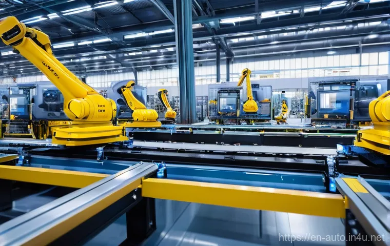공장자동화 엔지니어 이직 준비 - **Prompt:** A wide-angle, highly detailed shot of a state-of-the-art automated factory floor. Roboti...