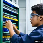 Home 22 공장자동화 기사 실기 요령 - A detailed industrial automation training scene showing a focused young adult technician working at ...