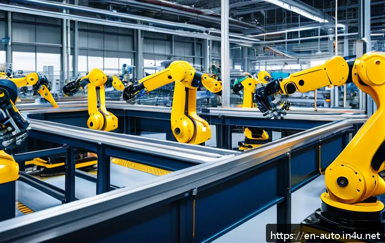 산업용 로봇 활용 분야 - A modern automotive manufacturing assembly line featuring collaborative robots (cobots) and human wo...