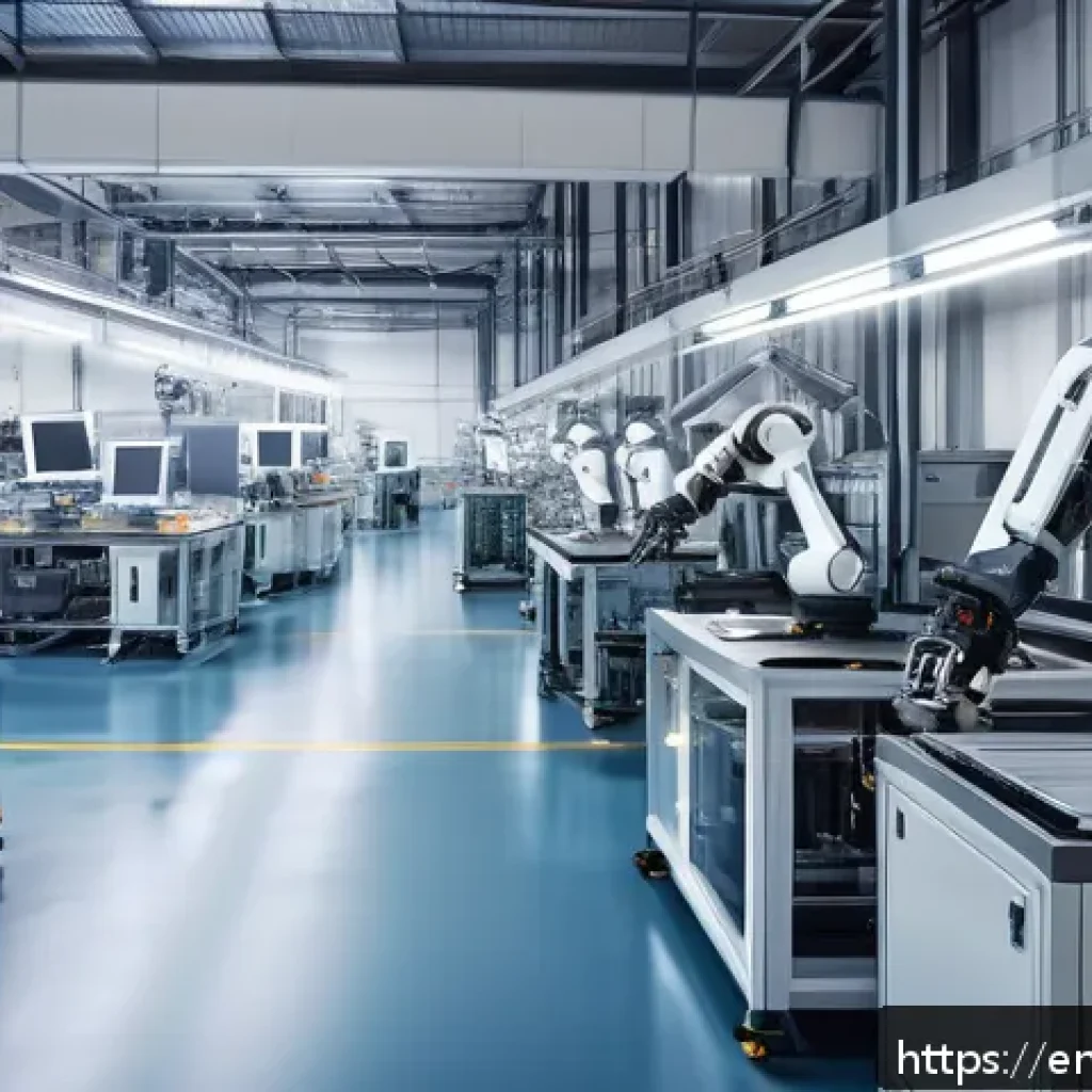 산업용 제어 시스템의 최신 기술 - A high-tech industrial factory floor featuring a sleek assembly line with adaptive control algorithm...