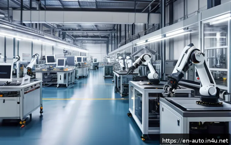 산업용 제어 시스템의 최신 기술 - A high-tech industrial factory floor featuring a sleek assembly line with adaptive control algorithm...