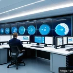 Home 19 자동화 설비의 원격 관리 기술 - A modern industrial control room with multiple large digital screens displaying real-time data strea...