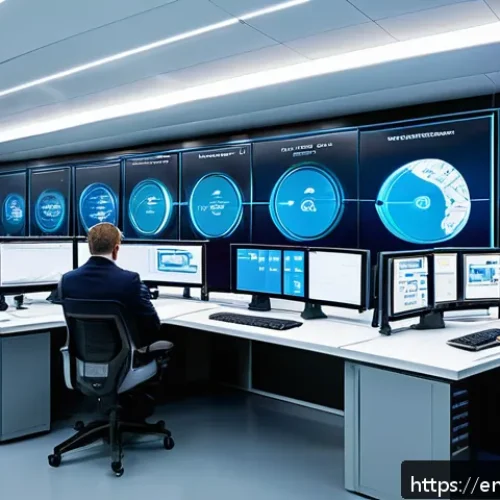 Home 31 자동화 설비의 원격 관리 기술 - A modern industrial control room with multiple large digital screens displaying real-time data strea...