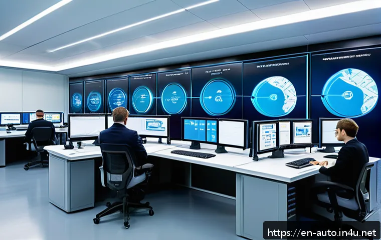 자동화 설비의 원격 관리 기술 - A modern industrial control room with multiple large digital screens displaying real-time data strea...