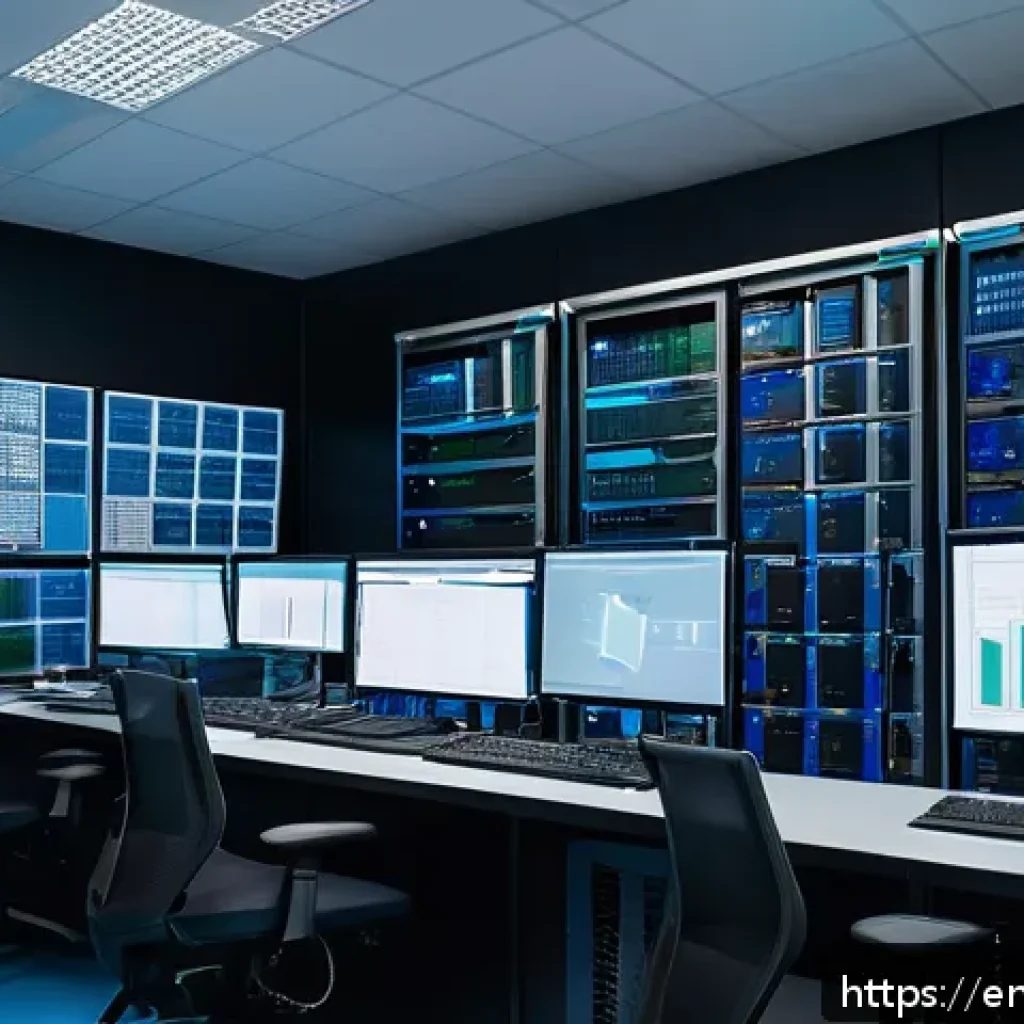 공장자동화 시스템의 백업 방법 - A modern industrial factory control room featuring a large multi-screen setup displaying factory aut...