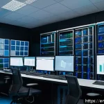Home 18 공장자동화 시스템의 백업 방법 - A modern industrial factory control room featuring a large multi-screen setup displaying factory aut...