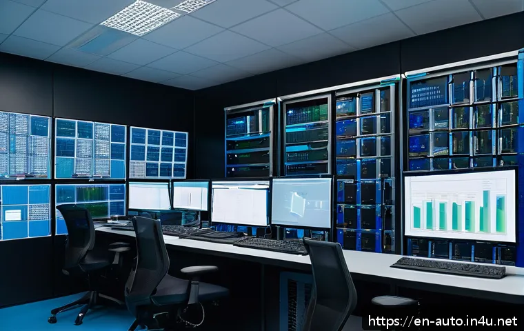 공장자동화 시스템의 백업 방법 - A modern industrial factory control room featuring a large multi-screen setup displaying factory aut...
