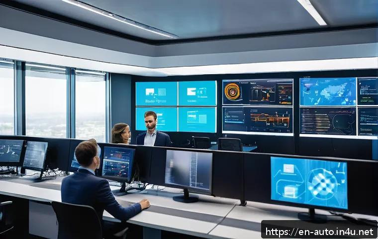 공장자동화 프로젝트 관리 - A modern industrial automation control room showcasing a diverse cross-functional team of engineers,...