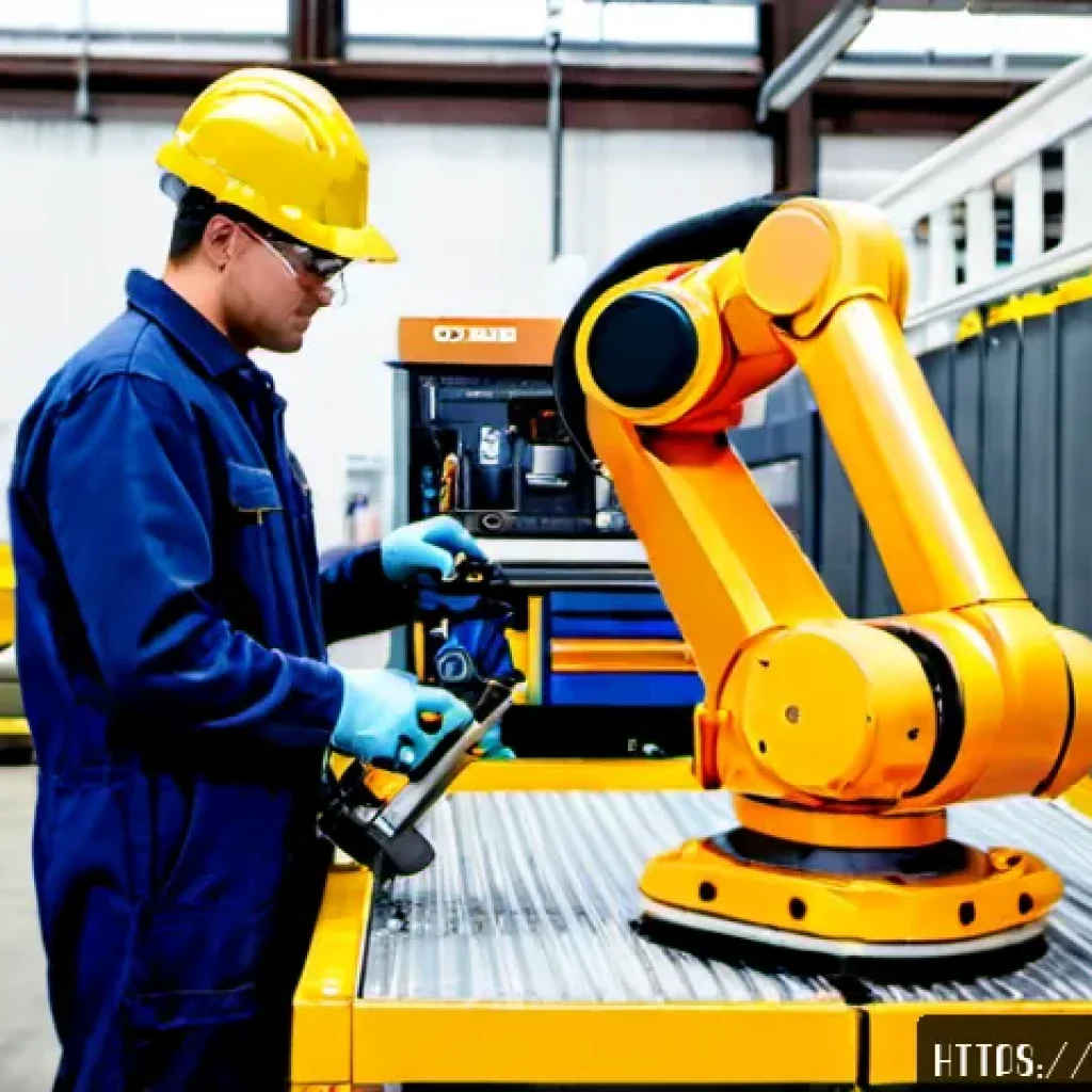 산업용 로봇 유지보수 절차 - Photorealistic industrial robot maintenance inspection in a clean North American automotive assembly...