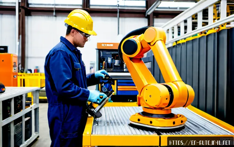 산업용 로봇 유지보수 절차 - Photorealistic industrial robot maintenance inspection in a clean North American automotive assembly...