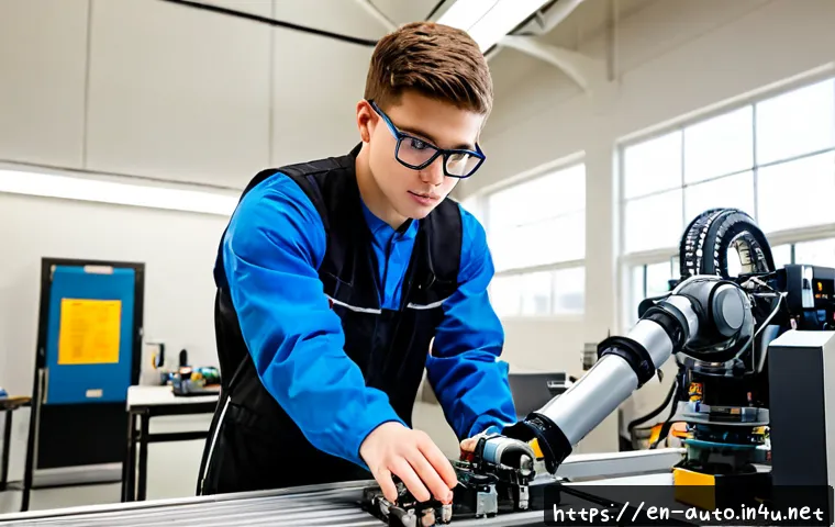 공장자동화 전공자 진로 탐색 - Photorealistic career exploration scene in a modern North American smart manufacturing training lab,...