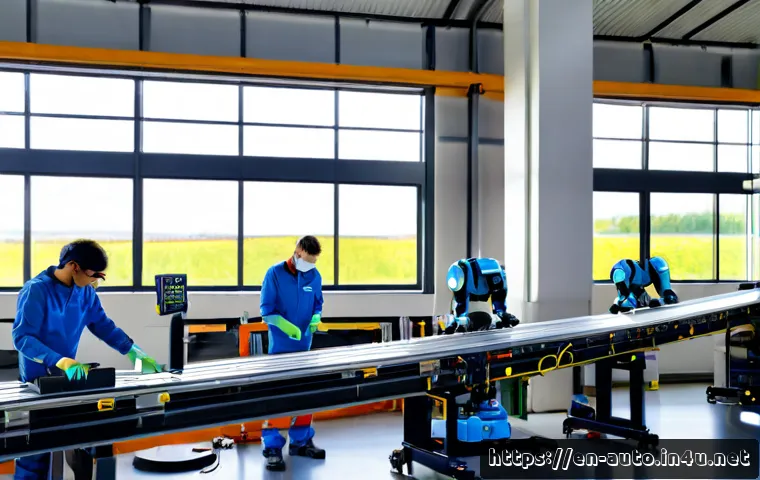 공장자동화와 지속 가능성 - Photorealistic modern factory automation scene, collaborative industrial robots assembling precision...