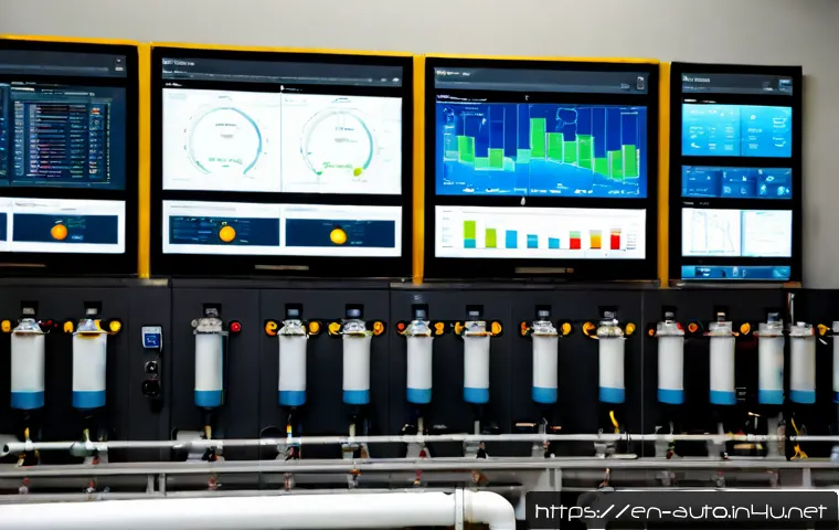 SCADA 시스템 구축 사례 - Photorealistic industrial water treatment control room in the United States, experienced engineer mo...